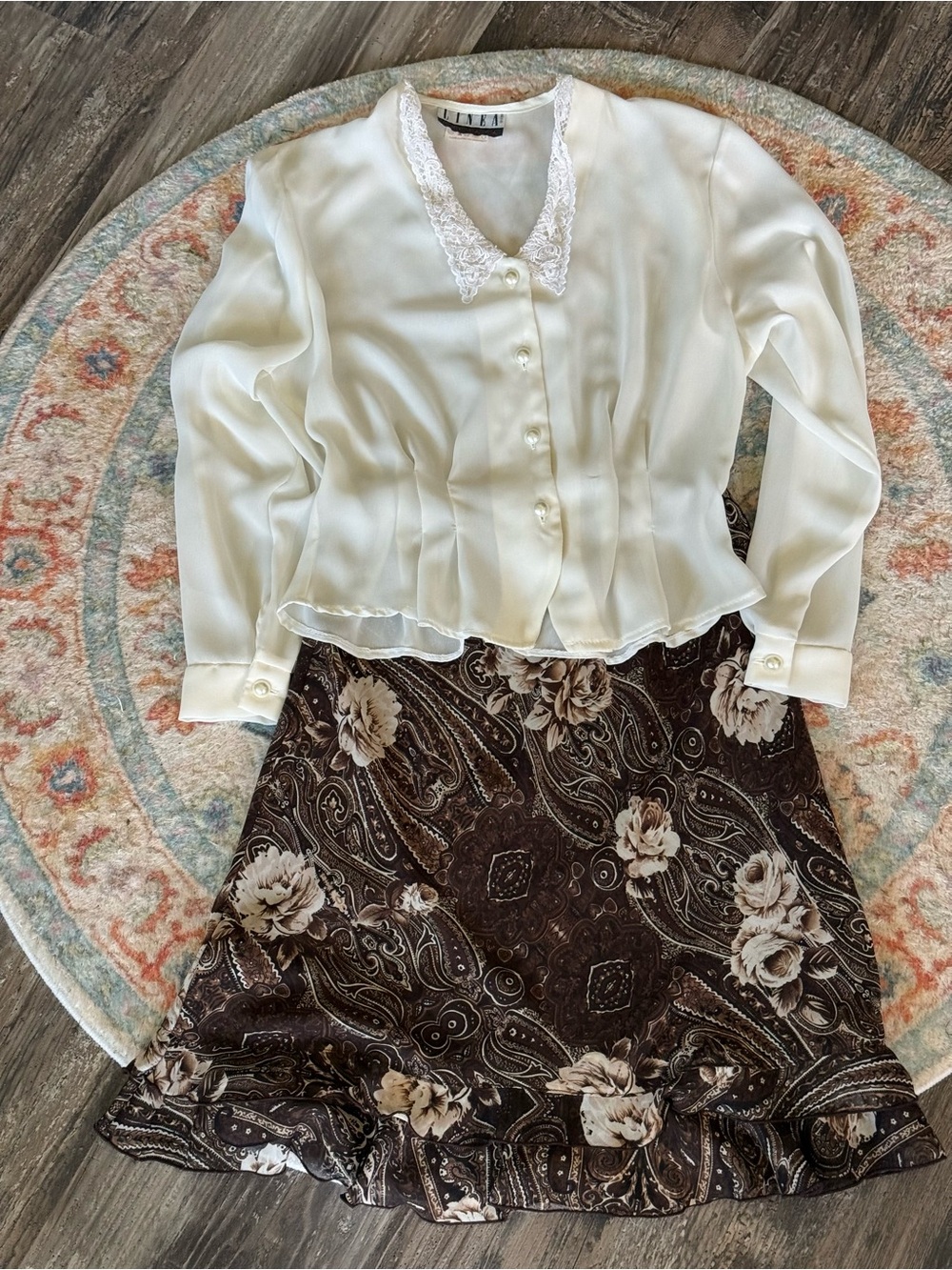 Vintage-Inspired Cream Lace Collar Blouse and Brown Patterned Skirt